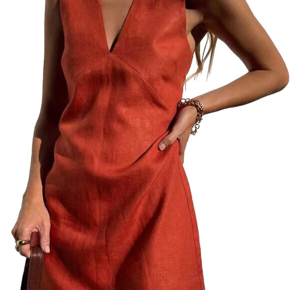Womens Linen Cotton Mini Dress V Neck Sleeveless Casual Summer 2025 - Picture 1 of 6